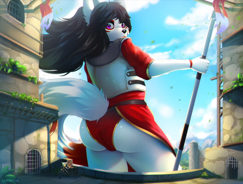 2023 anthro armor artist_name black_hair bodypaint butt canid canine canis castle clothing cloud crate digital_media_(artwork) face_paint fantasy fur guard hair hi_res ladnelsiya mammal melee_weapon micro red_clothing size_difference sky thick_thighs weapon white_body white_fur wide_hips wolf