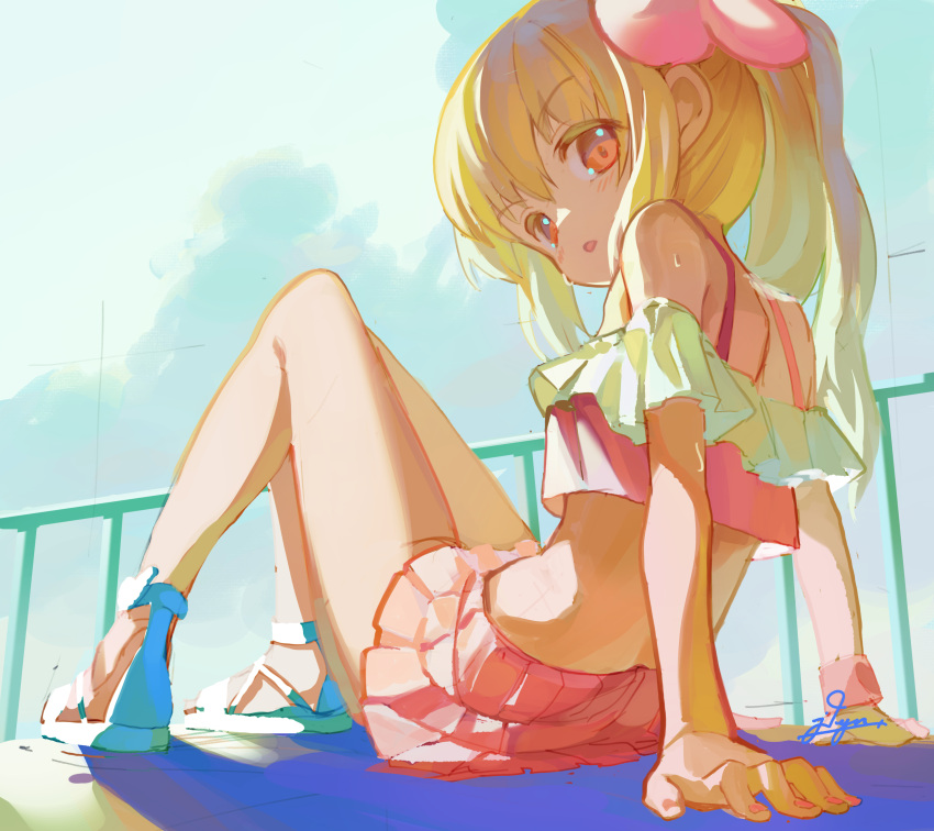 1girl absurdres arm_support arms_behind_back bangs bare_legs bare_shoulders blonde_hair blue_sky cross-laced_sandals frilled_swimsuit frills from_below full_body hair_ornament highres jdge knees_up light_blush looking_at_viewer looking_back looking_down midriff natori_sana open_mouth pink_eyes pink_nails pleated_skirt ponytail rabbit_hair_ornament railing sana_channel sitting skirt sky solo sweat swimsuit white_footwear
