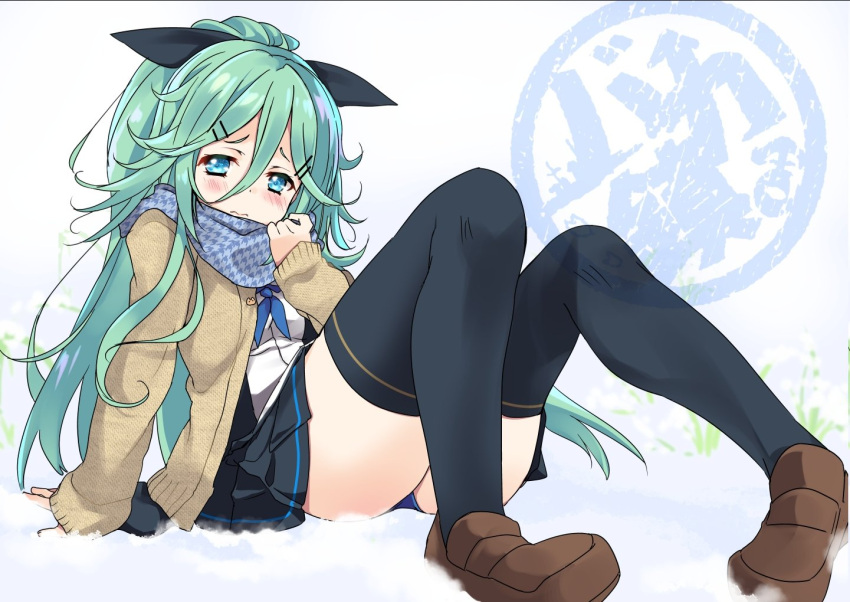 1girl bangs black_panties black_ribbon black_serafuku black_skirt black_thighhighs blue_neckerchief blue_ribbon detached_sleeves green_hair hair_between_eyes hair_flaps hair_ornament hair_ribbon hairclip jacket kantai_collection long_hair long_sleeves looking_at_viewer malino_(dream_maker) mary_janes neckerchief panties parted_bangs pleated_skirt ponytail ribbon scarf school_uniform serafuku shoes sitting skirt solo thighhighs umikaze_(kancolle) underwear yamakaze_(kancolle) zettai_ryouiki