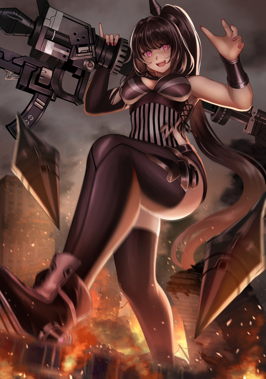 1girl absurdres architect_(girls'_frontline) bangs black_footwear black_hair black_thighhighs boots breasts building destruction fire giant giantess girls'_frontline highres holding holding_weapon large_breasts long_hair numaguro_(tomokun0808) open_mouth purple_eyes rocket_launcher sangvis_ferri side_ponytail smile solo thighhighs weapon
