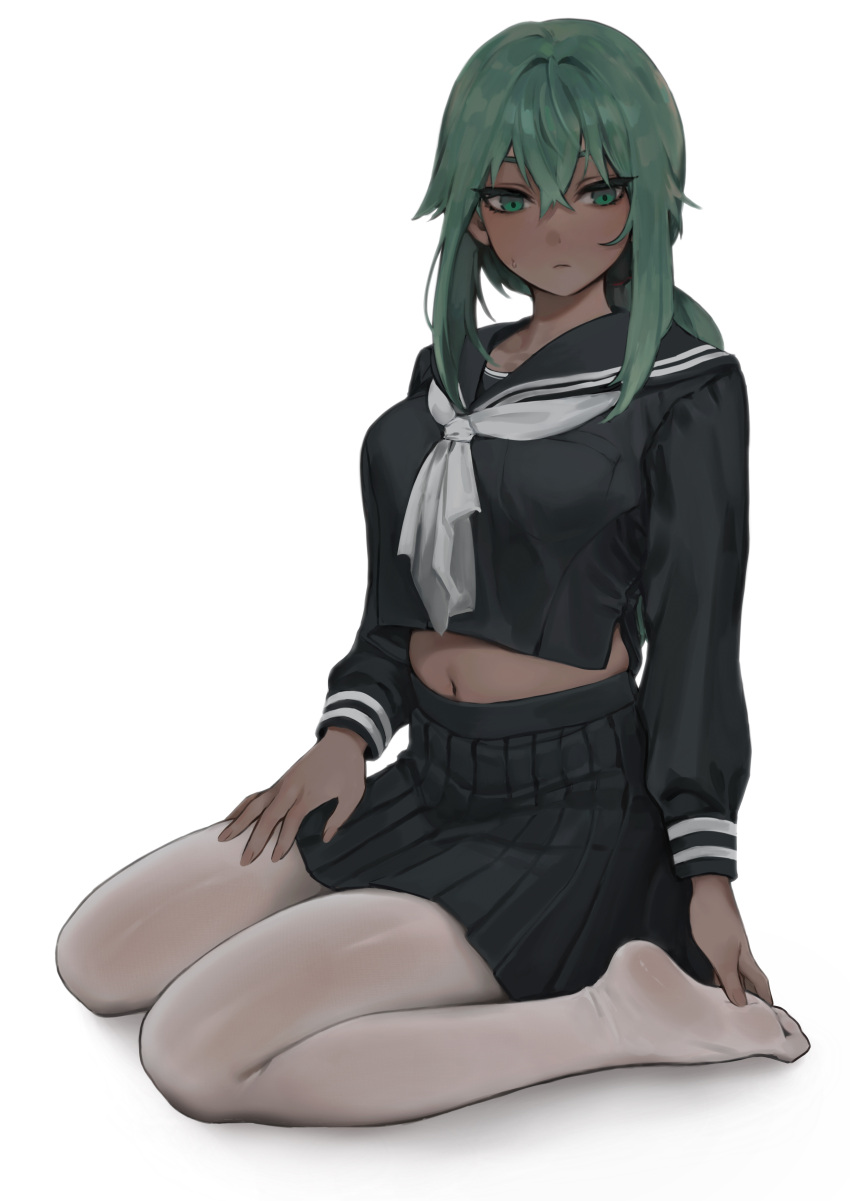 1girl absurdres bangs breasts commentary crop_top crop_top_overhang dress feet full_body gompang_11 green_eyes green_hair hand_on_hip highres kneeling legs navel no_shoes original sailor_collar sailor_dress sailor_senshi_uniform sitting soles solo thighhighs thighs wariza white_background white_thighhighs