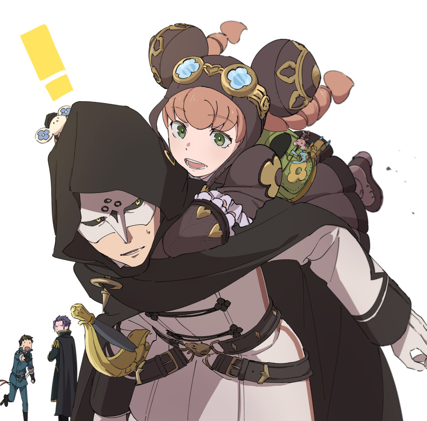 ! 1girl 3boys ace_attorney backpack bag barok_van_zieks boots brown_footwear brown_gloves character_doll drill_hair frilled_gloves frills gloves goggles goggles_on_head green_bag green_eyes hat highres hood hood_up hug hug_from_behind iris_wilson jacket long_hair looking_at_another mask masked_apprentice_(ace_attorney) multiple_boys officinale_t pink_hair rapier ryunosuke_naruhodo stuffed_animal stuffed_mouse stuffed_toy sweatdrop sword the_great_ace_attorney twintails weapon white_gloves white_jacket