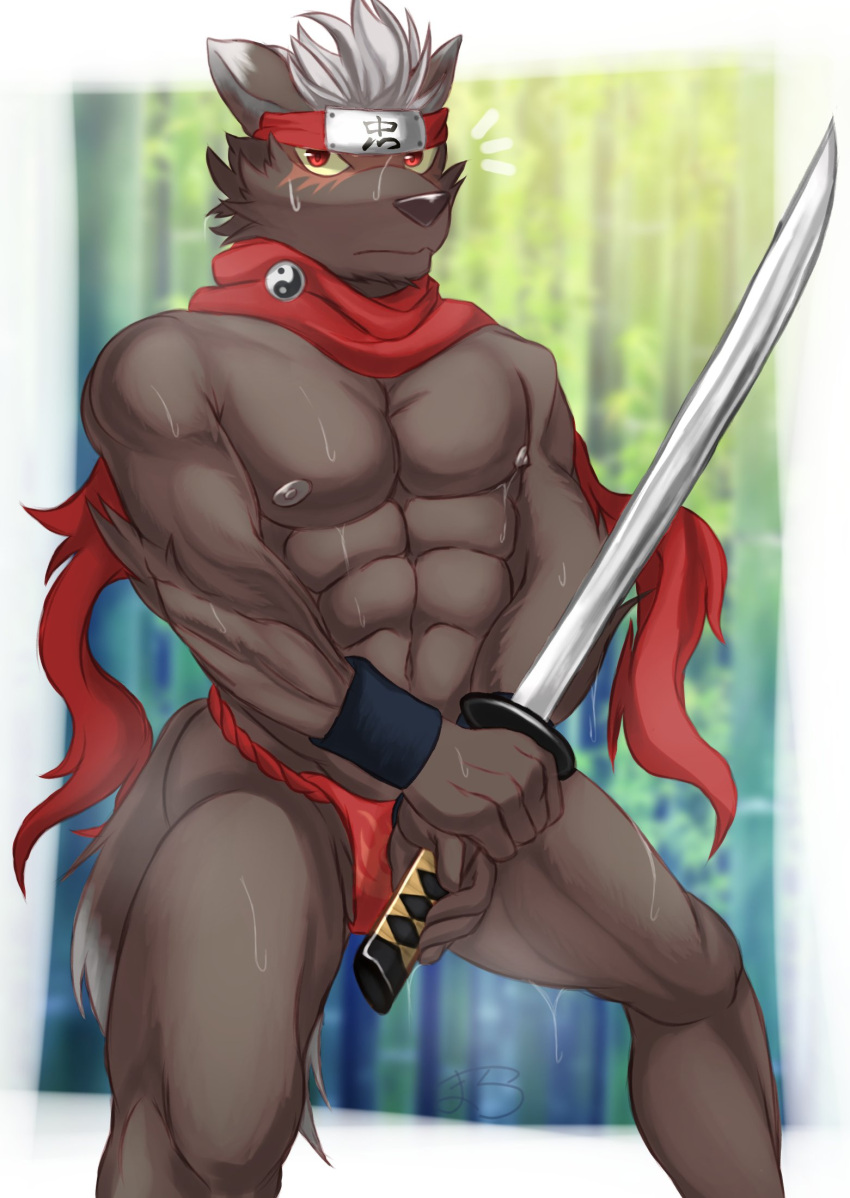 accessory asian_clothing bodily_fluids burn_scar canid canine clothing east_asian_clothing fundoshi hair headband hi_res japanese_clothing lifewonders male mammal melee_weapon muscular muscular_male nipples scar scarf solo sweat sword tadatomo tokyo_afterschool_summoners underwear weapon white_hair yin_yang