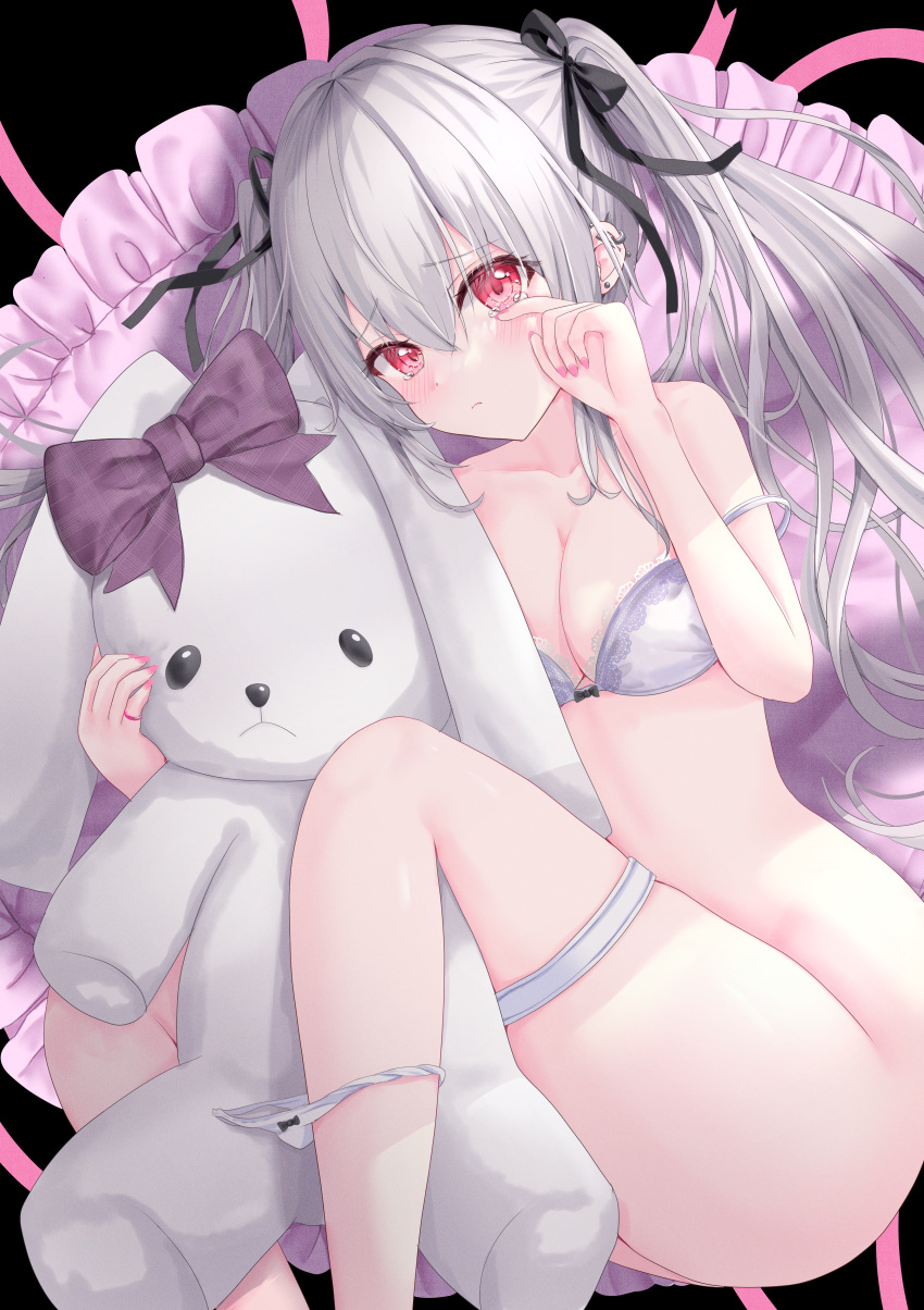 1girl absurdres black_background black_ribbon blush bra breasts cleavage ear_piercing feet_out_of_frame frown grey_hair hair_ribbon highres holding holding_stuffed_toy knees_to_chest medium_breasts nail_polish original panties panties_around_one_leg panty_pull piercing pink_nails rabbit red_eyes ribbon rubbing_eyes simple_background solo strap_slip stuffed_animal stuffed_bunny stuffed_toy tearing_up thighs twintails underwear uni_ikura white_bra