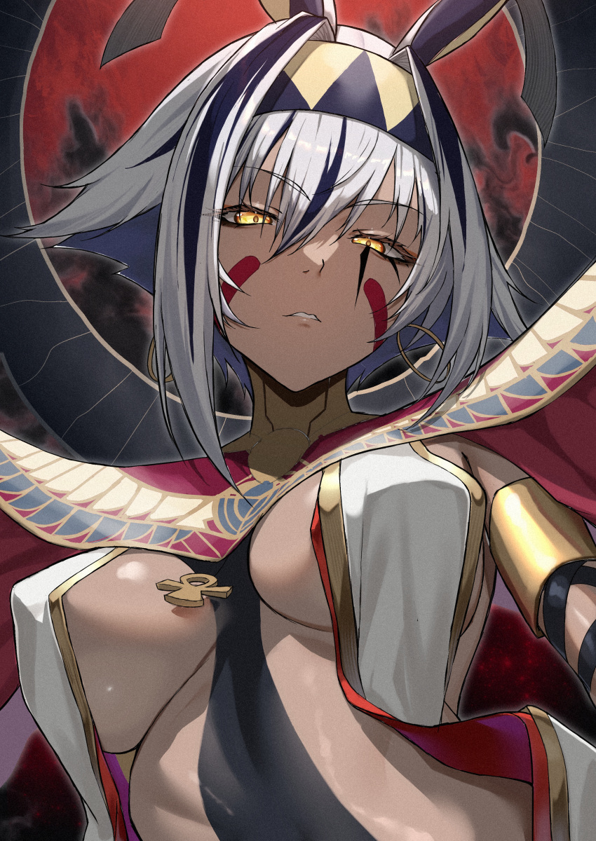 1girl absurdres animal_ears breasts dark-skinned_female dark_skin earrings egyptian facial_mark fate/grand_order fate_(series) grey_hair hair_between_eyes hairband highres jackal_ears jewelry looking_at_viewer multicolored_hair nitocris_alter_(fate) parted_lips purple_hair short_hair skysign_ft solo two-tone_hair yellow_eyes