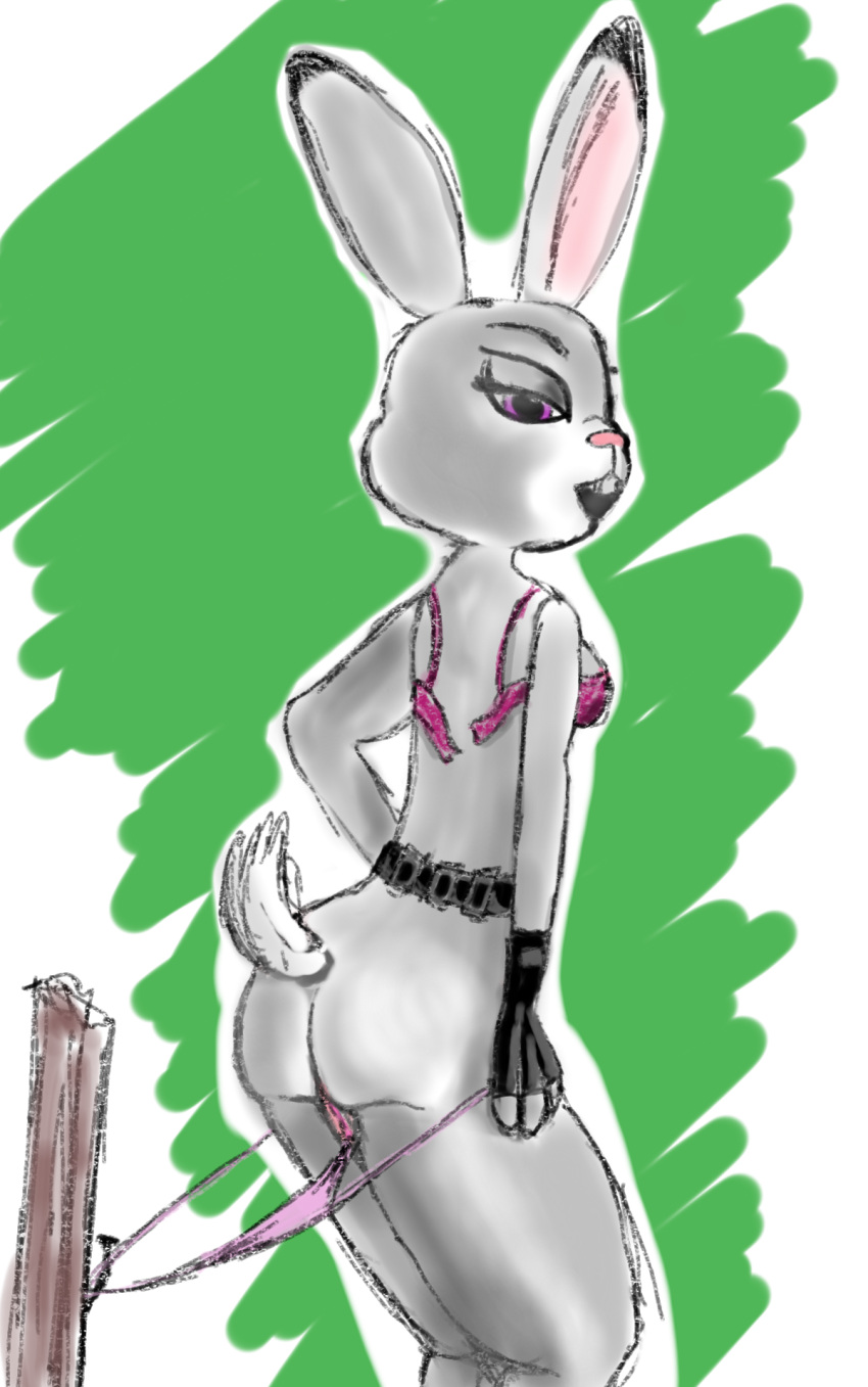 3_fingers anthro belt bra breasts clothed clothing disney female fingers genitals hi_res judy_hopps lagomorph leporid mammal myxo panties panties_pull partially_clothed purple_eyes pussy rabbit simple_background sketch solo underwear zootopia