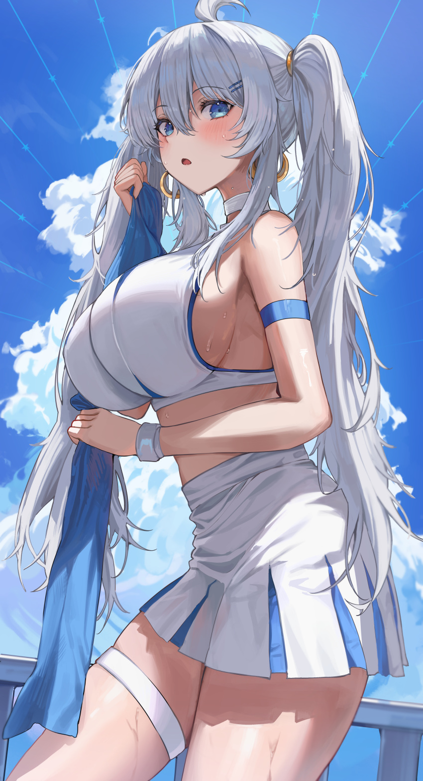 1girl 2gong_(9ujin_) absurdres ahoge arm_strap bare_shoulders blue_eyes breasts choker cloud commission cowboy_shot crop_top day earrings hair_ornament hairclip hand_up high-waist_skirt highres holding holding_towel hoop_earrings huge_breasts jewelry long_hair looking_at_viewer midriff miniskirt open_mouth original pleated_skirt second-party_source shirt sideboob skirt sleeveless sleeveless_shirt solo standing sweat sweatband thigh_strap thighs towel twintails very_long_hair white_choker white_hair white_shirt white_skirt