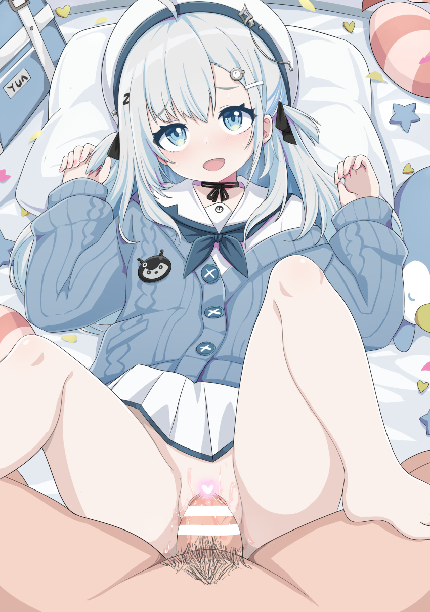 1girl absurdres bar_censor barefoot bed beret blue_eyes blue_hair censored hair_ornament hat highres medium_hair nijisanji no_shoes open_mouth outstretched_arms pov pussy school_uniform sex soles solo spread_arms spread_legs spread_pussy toes virtual_youtuber virtuareal ycyc yua_(virtuareal)