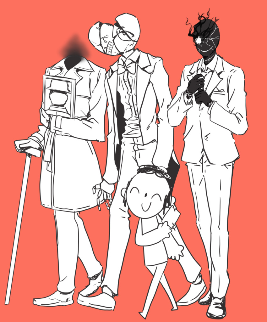 4boys arona's_sensei_doodle_(blue_archive) black_suit_(blue_archive) blue_archive bow bowtie cane card coat credit_card formal full_body gloves golconda_&amp;_decalcomania_(blue_archive) headless height_difference highres holding holding_cane holding_card itamochi jacket limited_palette maestro_(blue_archive) male_focus mannequin multiple_boys necktie pants pocket_square red_background sensei_(blue_archive) simple_background suit walking
