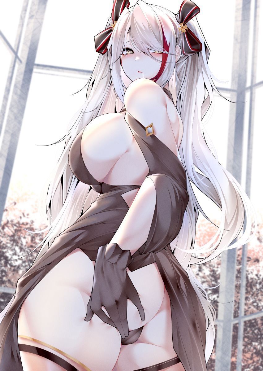 1girl absurdres ass azur_lane bangs bell black_dress black_gloves black_panties breasts closed_mouth commentary_request dated_commentary day dress gem gloves hair_bell hair_ornament hair_over_one_eye hair_ribbon highres large_breasts long_hair looking_at_viewer looking_to_the_side multicolored_hair panties prinz_eugen_(azur_lane) red_hair ribbon samip sideboob sidelocks solo standing streaked_hair thighs twintails twisted_torso two-tone_hair underwear very_long_hair white_hair window yellow_eyes