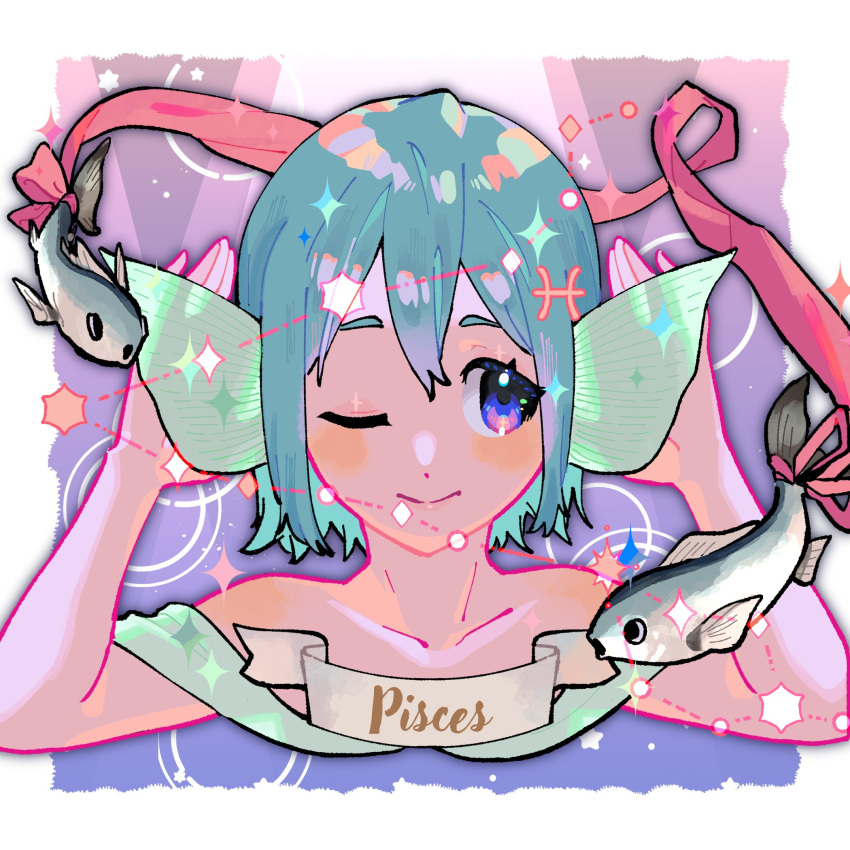 1girl animal_ears blue_eyes blue_hair collarbone constellation facing_viewer fish hair_between_eyes head_fins highres looking_to_the_side mahou_shoujo_madoka_magica miki_sayaka one_eye_closed pink_ribbon pisces ribbon short_hair smile solo star_(symbol) upper_body yooki_(winter_cakes) zodiac