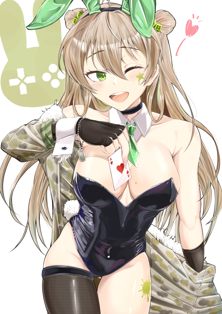 1girl absurdres ace_of_hearts animal_ears asymmetrical_legwear bangs black_choker black_gloves breasts brown_hair card choker commentary covered_navel cowboy_shot cuff_links detached_collar dog_tags double_bun facial_mark fake_animal_ears fingerless_gloves girls'_frontline gloves green_eyes green_necktie hair_between_eyes hair_bun hair_ornament heart highres holding holding_card jacket kuzumotsu long_hair mole mole_on_breast necktie one_eye_closed open_mouth rabbit_ears rabbit_tail rfb_(girls'_frontline) smile solo tail