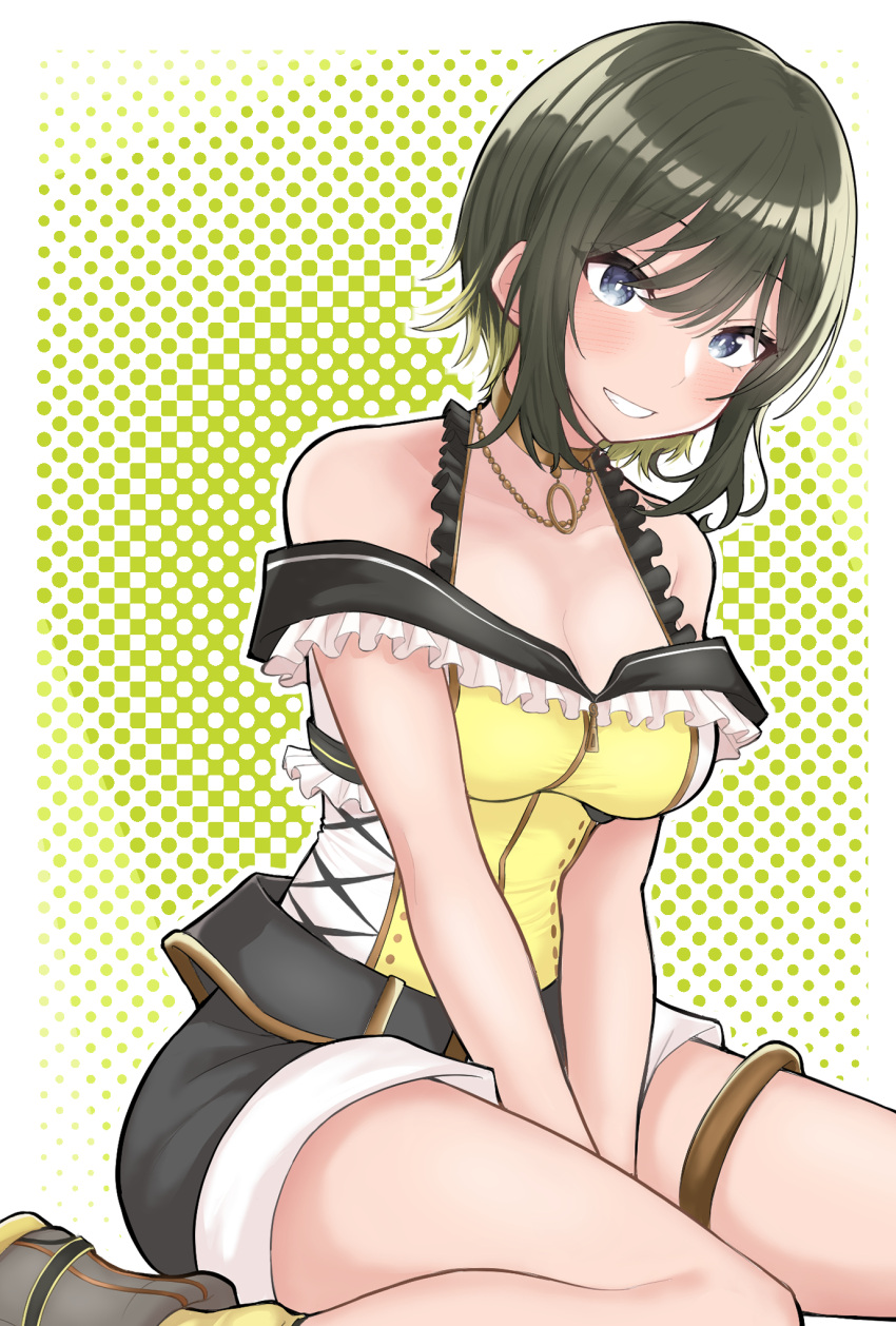 1girl akashi_maho bangs bare_shoulders black_shorts blonde_hair blue_eyes breasts cleavage collarbone commentary d4dj frilled_straps gold_choker gold_necklace green_background green_hair grey_footwear grin hair_between_eyes halftone halftone_background highres jewelry large_breasts looking_at_viewer multicolored_hair multicolored_shirt necklace shirt shoes short_hair short_shorts shorts sidelocks sitting sleeveless sleeveless_shirt smile sneakers solo streaked_hair teeth thighlet two-tone_hair two-tone_shirt wariza yellow_shirt yuu_(vy6wh7hqrrxdxx7) zipper_pull_tab