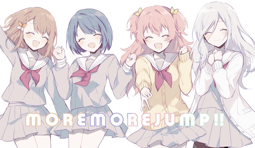 4girls bangs blue_hair braid brown_hair buttons cardigan clenched_hand clenched_hands closed_eyes commentary_request english_text fang hair_ribbon hanasato_minori highres hinomori_shizuku kiritani_haruka long_hair long_sleeves miyamasuzaka_girls'_academy_school_uniform momoi_airi more_more_jump!_(project_sekai) multiple_girls neck_ribbon open_cardigan open_clothes open_mouth pantyhose pink_hair pleated_skirt project_sekai red_ribbon ribbon sailor_collar school_uniform short_hair short_twintails skirt skunlv twintails v white_background white_cardigan yellow_cardigan yellow_ribbon