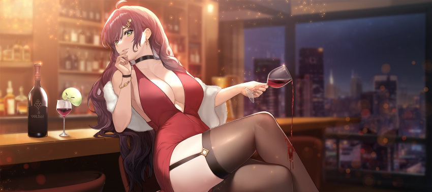 :3 ahoge alcohol bar_(place) bar_stool black_choker black_thighhighs bottle bracelet breasts brown_hair building choker cleavage cocktail_dress crossed_legs cup dress drinking_glass drinking_straw elbow_on_table garter_straps green_eyes hair_ornament hand_on_own_chin head_rest highres holding holding_cup indie_virtual_youtuber jewelry large_breasts long_hair looking_at_viewer miori_celesta mogu_(miori_celesta) momera musical_note musical_note_hair_ornament night parted_lips plunging_neckline pouring pouring_onto_self red_dress sparkle star_(symbol) star_in_eye stool symbol_in_eye thighhighs treble_clef virtual_youtuber wine wine_bottle wine_glass