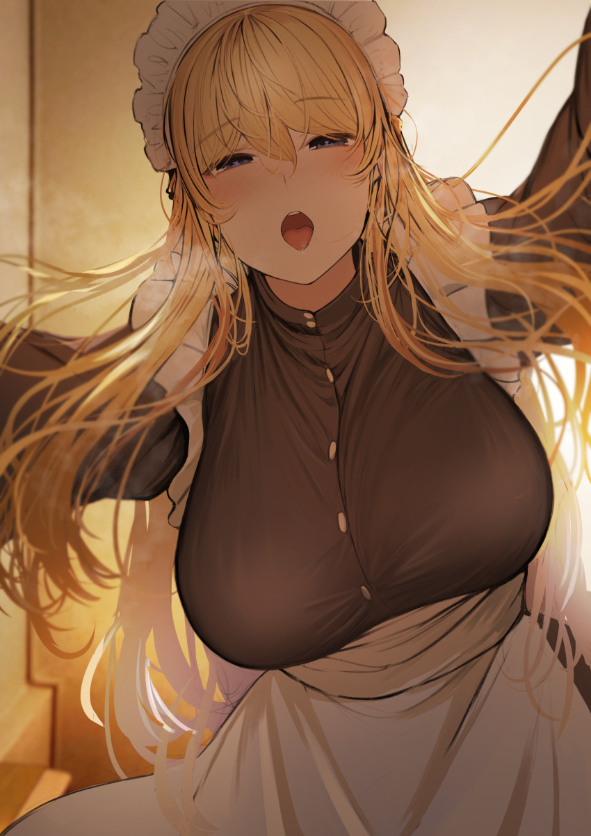 1girl apron bangs blonde_hair blue_eyes blush breasts frills from_below half-closed_eyes heart heart-shaped_pupils heavy_breathing highres huge_breasts koruse looking_at_viewer maid maid_apron maid_headdress open_mouth original pov reaching_towards_viewer saliva shirt smile solo symbol-shaped_pupils teeth tongue tongue_out upper_teeth_only