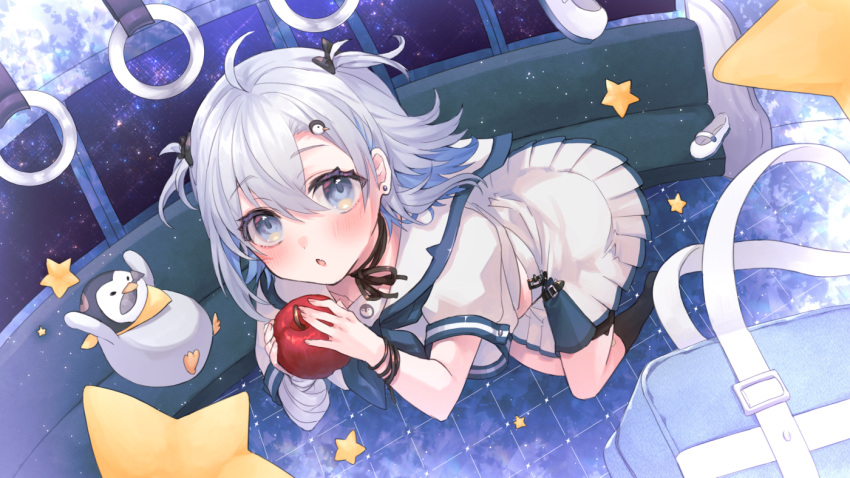 1girl ahoge apple bag bandaged_arm bandages bangs bird black_bow black_socks blue_eyes blush bow commentary_request commission dress fang food fruit full_body grey_hair hair_between_eyes hair_bow hair_ornament hand_grip holding holding_food holding_fruit looking_at_viewer nijisanji no_shoes parted_lips penguin penguin_hair_ornament pleated_dress puffy_short_sleeves puffy_sleeves red_apple sailor_collar sailor_dress school_bag school_uniform shikino_yuki shoes shoes_removed short_sleeves skeb_commission socks solo star_(symbol) train_interior two_side_up uwabaki virtual_youtuber virtuareal white_dress white_footwear white_sailor_collar yua_(virtuareal)