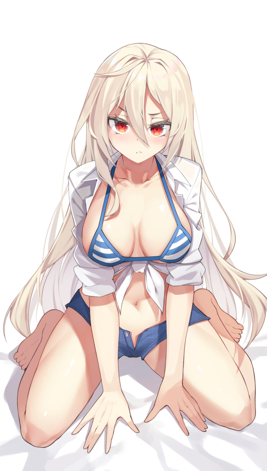 1girl barefoot between_legs bikini blue_bikini blue_shorts breasts chukibabo2 collared_shirt commission crop_top framed_breasts front-tie_top hair_between_eyes halterneck highres large_breasts long_hair looking_at_viewer micro_shorts midriff navel open_fly original red_eyes shirt shorts simple_background sitting solo stomach string_bikini striped striped_bikini swimsuit thighs v-shaped_eyebrows very_long_hair wariza white_background white_hair white_shirt
