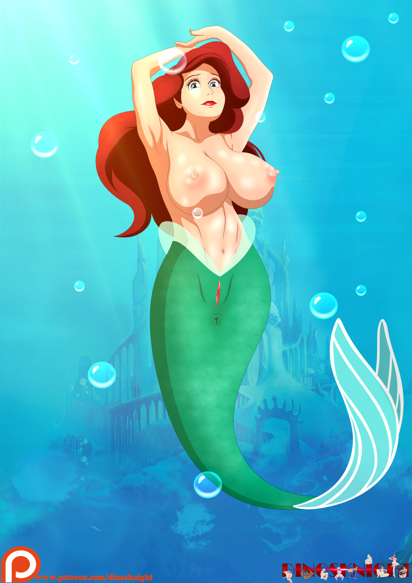 absurd_res ariel_(disney) breasts dinosknight disney disney_princess female genitals hair hi_res mermaid_princess mermaid_tail monster_girl_(genre) nipples pussy red_hair solo text the_little_mermaid_(1989) url