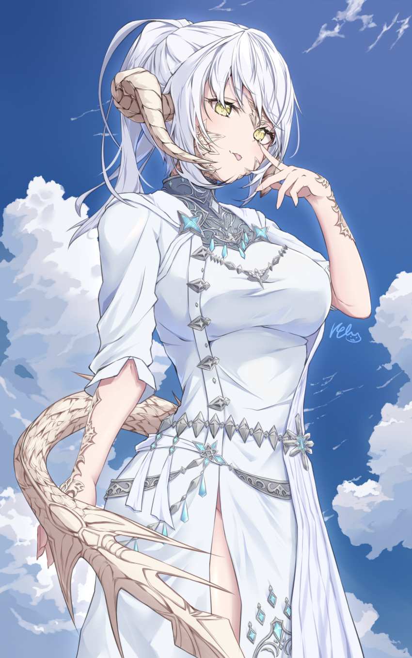 1girl :p absurdres au_ra bangs blue_sky breasts closed_mouth cloud cloudy_sky commentary_request day dragon_girl dragon_horns dragon_tail dress final_fantasy final_fantasy_xiv hand_up highres horns looking_at_viewer medium_breasts outdoors ponta_(velmar) scales short_sleeves signature sky smile solo tail tongue tongue_out white_dress white_hair yellow_eyes