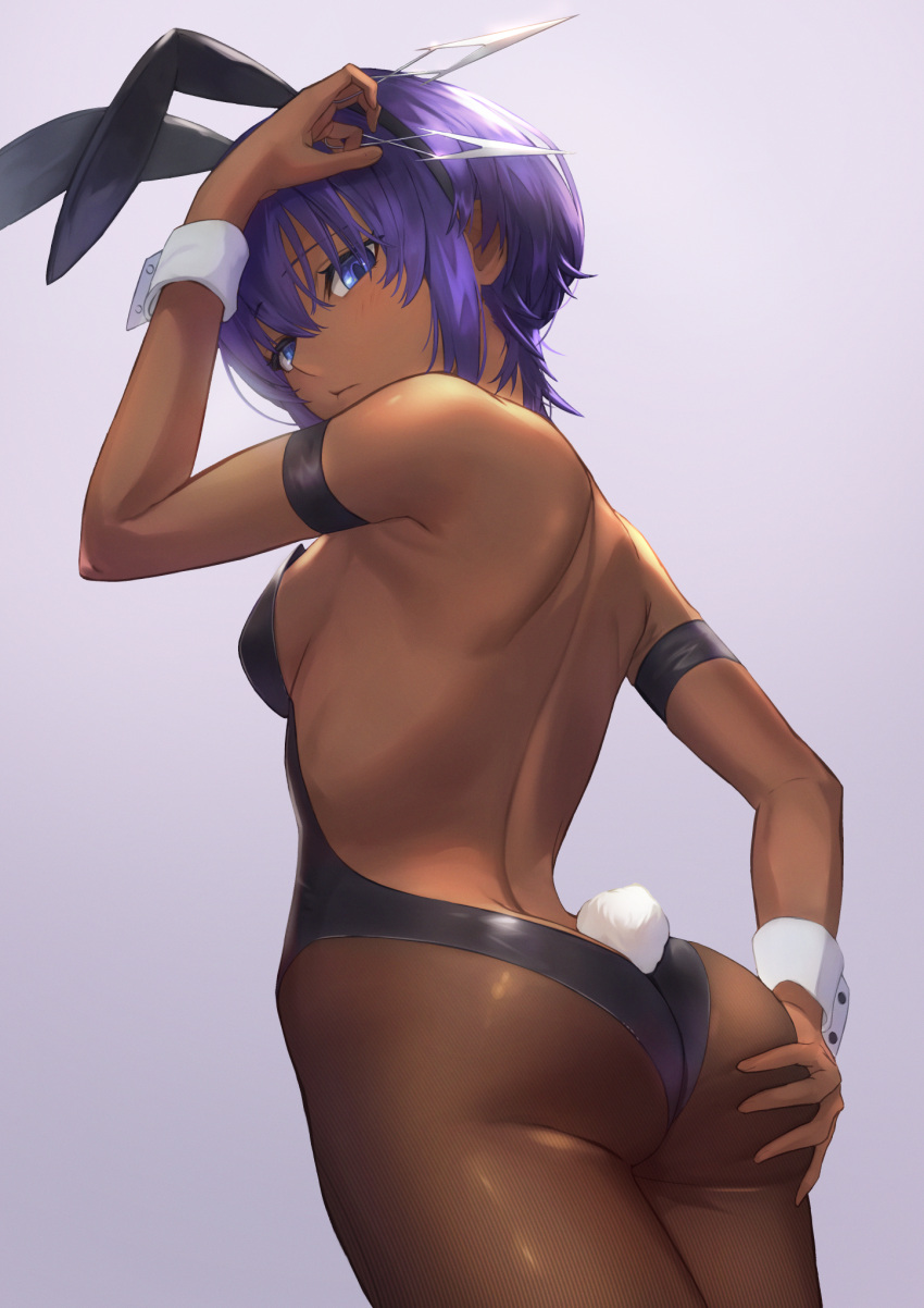 1girl animal_ears announ_(kurotya) ass back backless_outfit bangs bare_back bare_shoulders black_leotard blue_eyes blush breasts dark-skinned_female dark_skin fake_animal_ears fake_tail fate/grand_order fate/prototype fate/prototype:_fragments_of_blue_and_silver fate_(series) from_behind hassan_of_serenity_(fate) highleg highleg_leotard highres kunai leotard looking_at_viewer looking_back medium_breasts pantyhose playboy_bunny purple_eyes purple_hair rabbit_ears rabbit_tail short_hair solo tail thighs weapon wrist_cuffs
