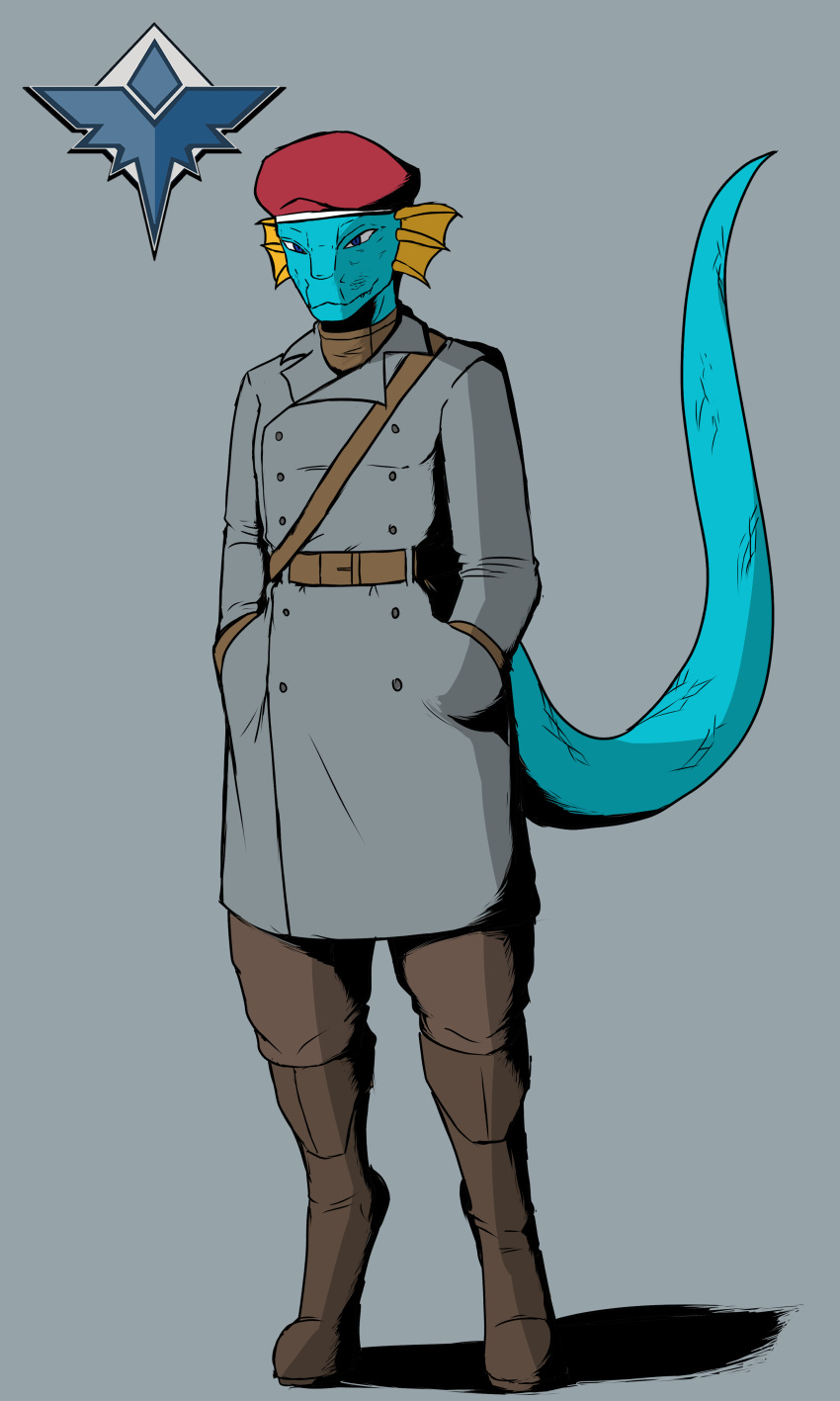 absurd_res anthro belt beret blue_body blue_eyes blue_scales boots bottomwear clothed clothing footwear foxhole foxhole:_persistant_online_warfare frill_(disambiguation) fully_clothed hands_in_both_pockets hat headgear headwear hi_res lizard male overcoat pants pockets reptile scales scalie solo space_station_13 srusu_rskuzu_(character) tail the_man unathi uniform warden_uniform