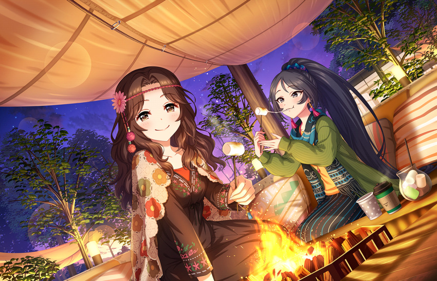2girls ariura_kanna black_hair blush brown_hair collarbone dutch_angle eating fire food hippie idolmaster idolmaster_cinderella_girls idolmaster_cinderella_girls_starlight_stage lens_flare long_hair looking_at_viewer marshmallow melting multiple_girls night night_sky official_art outdoors parted_lips patterned_clothing ponytail sitting sky smile steam sugisaka_umi twilight very_long_hair wavy_hair