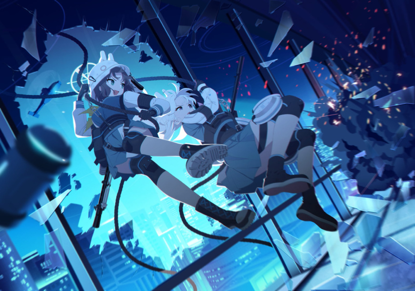 2girls aircraft battle blue_archive blue_hair blurry boots breasts cityscape dark_blue_hair explosion game_cg glass gloves grey_hair gun halo helicopter helmet highres knee_pads light_machine_gun long_hair medium_breasts miyako_(blue_archive) multiple_girls night official_art open_mouth rope saki_(blue_archive) tactical_clothes weapon