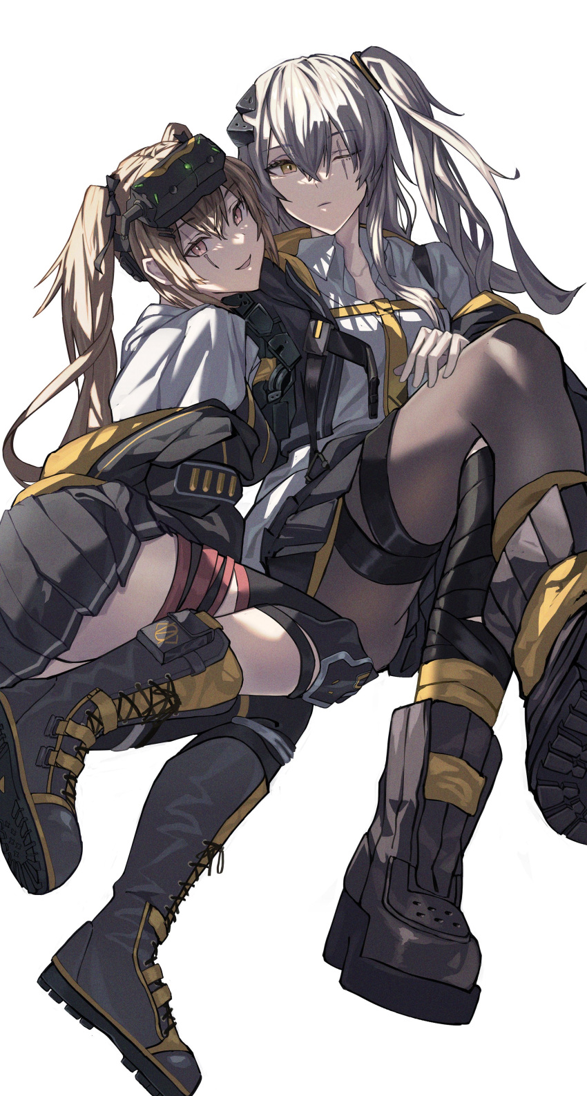 2girls absurdres black_jacket boots brown_eyes brown_hair combat_boots from_below fujita_(condor) girls'_frontline grey_skirt highres jacket long_hair looking_at_viewer multiple_girls night_vision_device one_eye_closed pantyhose scar scar_across_eye scar_on_face shirt simple_background skirt smile twintails ump45_(girls'_frontline) ump9_(girls'_frontline) white_background white_hair white_shirt yellow_eyes
