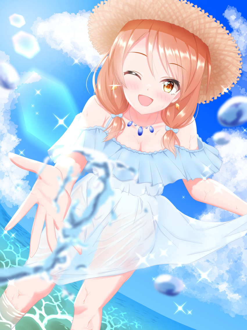 1girl ;d absurdres blue_sky blush breasts cleavage collarbone compasscarol dress dutch_angle hat highres hojo_karen horizon idolmaster idolmaster_cinderella_girls lens_flare looking_at_viewer off-shoulder_dress off_shoulder one_eye_closed orange_hair outdoors see-through short_twintails sky smile solo splashing straw_hat sundress twintails wading wet wet_clothes wet_dress white_dress