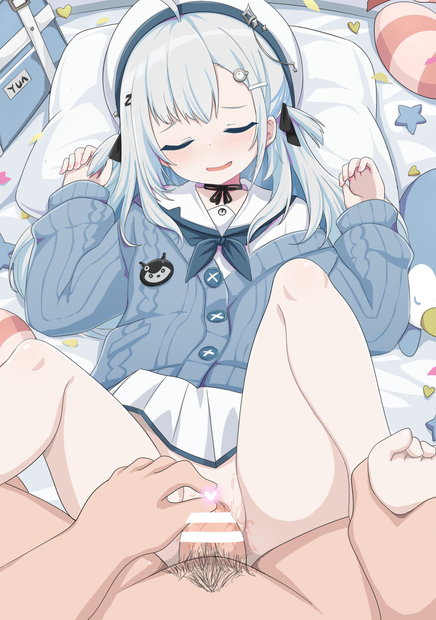 1girl absurdres bar_censor barefoot bed beret blue_hair censored clitoral_stimulation closed_eyes hair_ornament hat highres medium_hair nijisanji no_shoes open_mouth outstretched_arms pov pussy school_uniform sex soles solo spread_arms spread_legs spread_pussy toes virtual_youtuber virtuareal ycyc yua_(virtuareal)