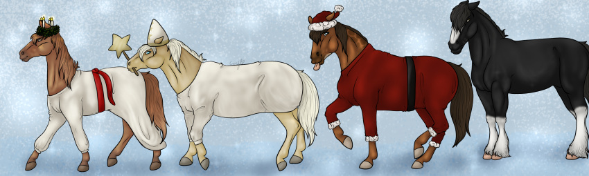 2022 absurd_res ambiguous_gender arzi_(wasen) black_body black_hair black_mane black_tail blue_eyes brown_body brown_eyes brown_hair brown_mane brown_tail candle christmas christmas_clothing christmas_headwear clothing clyde_(wasen) costume digital_media_(artwork) dolero draft_horse ears_through_headwear equid equine facial_markings feathering feral frown fur gayletrotter group hair hat head_markings headgear headwear hi_res holidays hooves horse looking_at_another looking_back mammal mane markings peach_(wasen) raised_leg sankta_lucia santa_costume santa_hat simple_background smile tail tan_body tan_hair tan_mane tan_tail tongue tongue_out white_hair white_mane white_tail yellow_body