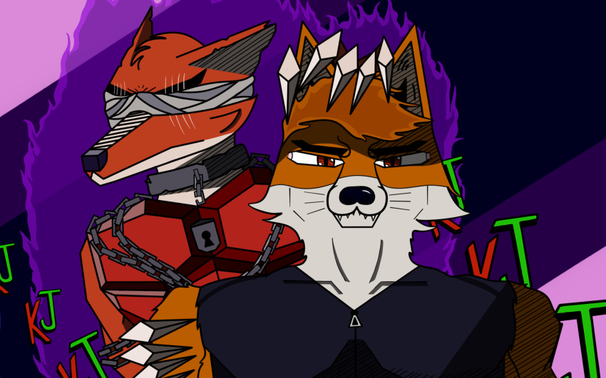 16:10 aura bandage bandage_on_face black_nose canid canine chain chain_necklace claws clothing duo eye_scar facial_scar fox hi_res jacket jewelry jojo's_bizarre_adventure keyhole kojot_fox_(artist) looking_at_viewer male mammal necklace red_eyes scar simple_background stand_(jjba) standing_behind topwear vulpes_red_(stand) whiskers widescreen