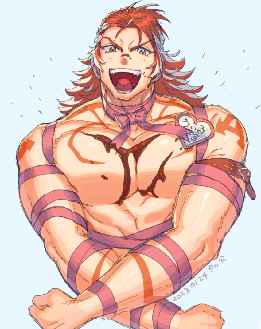 1boy bara body_markings chocolate chocolate_on_body chocolate_on_pectorals dated food food_on_body granblue_fantasy highres large_pectorals long_hair male_focus multicolored_hair muscular muscular_male open_mouth pectorals red_hair smile solo ta_m0ure two-tone_hair upper_body white_hair wilnas_(granblue_fantasy)