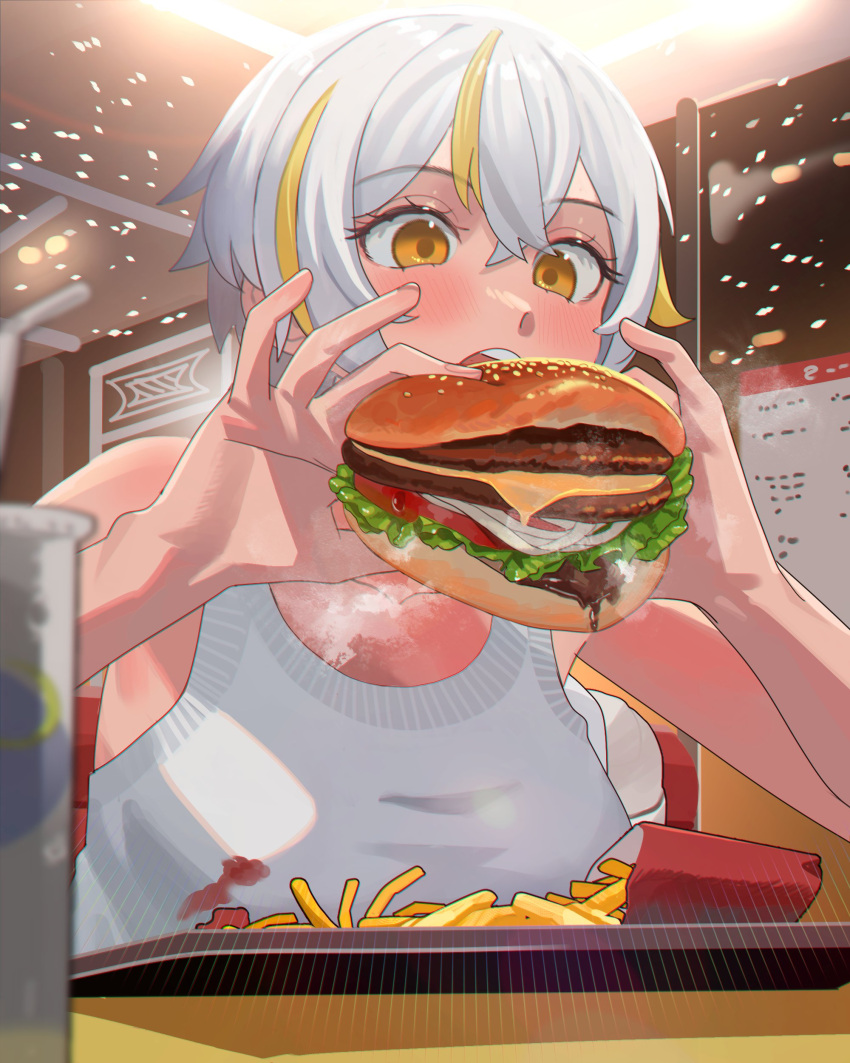 1girl absurdres artist_request blonde_hair blush burger drink drinking_straw eating food french_fries highres holding holding_food ketchup luvdia multicolored_hair open_mouth park_dona second-party_source shirt short_hair solo streaked_hair tray virtual_youtuber white_hair yellow_eyes