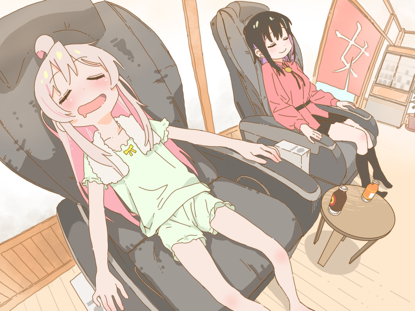 2girls :d absurdres ahoge b_yone_kome bare_arms bare_legs barefoot bathhouse black_hair black_socks blush bolo_tie bottle closed_eyes commentary drooling green_shirt green_shorts highres indoors kneehighs long_sleeves massage_chair mouth_drool multicolored_hair multiple_girls onii-chan_wa_oshimai! open_mouth oyama_mahiro oyama_mihari pink_hair purple_hair red_shirt shirt short_shorts short_sleeves shorts siblings sisters smile socks towel towel_around_neck two-tone_hair wooden_floor