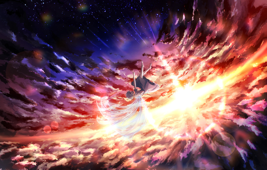 1girl above_clouds absurdres asu_no_yozora_shoukaihan_(vocaloid) bangs blue_eyes cloud dfd falling grey_hair grey_skirt hand_on_own_chest highres lens_flare mountain open_mouth original outdoors outstretched_arm rainbow scenery shirt short_hair short_sleeves skirt sky space star_(sky) starry_sky sun sunset white_shirt wings