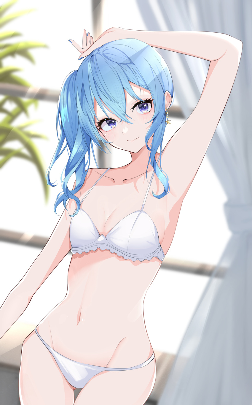 1girl absurdres arm_up armpits ass_visible_through_thighs bangs blue_eyes blue_hair blush bra breasts cleavage collarbone dreamoon earrings highres hololive hoshimachi_suisei jewelry long_hair looking_at_viewer panties side_ponytail smile solo star_(symbol) star_earrings star_in_eye symbol_in_eye thigh_gap underwear virtual_youtuber white_bra white_panties