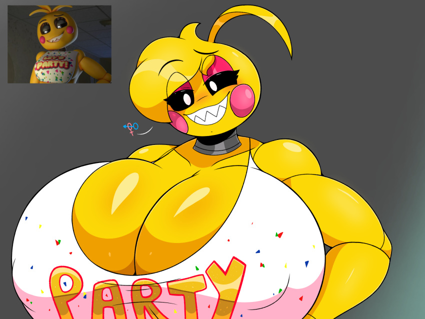 4:3 animatronic anthro avian beakless bedroom_eyes big_breasts bird black_sclera blonde_hair blush blush_stickers breasts chicken cleavage clothed clothing female five_nights_at_freddy's five_nights_at_freddy's_2 galliform gallus_(genus) hair hi_res huge_breasts lovetaste_chica machine narrowed_eyes nipple_outline non-mammal_breasts omegabrawl phasianid robot scottgames seductive smile solo toy_chica_(fnaf) white_eyes yellow_body