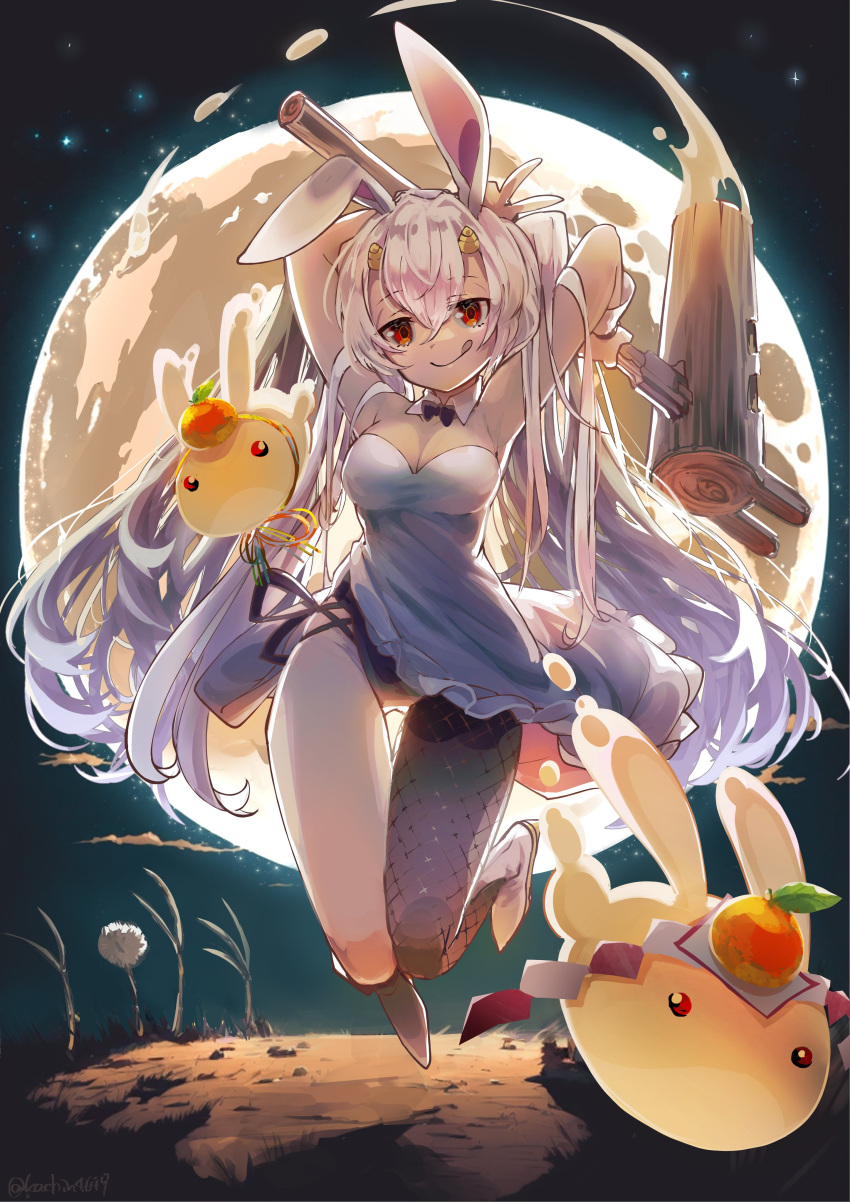 1girl 2023 :q absurdres animal_ears breasts chinese_zodiac cleavage detached_collar dress fishnet_thighhighs fishnets full_moon highres kachin long_hair moon original rabbit_ears red_eyes single_thighhigh solo strapless strapless_dress thighhighs tongue tongue_out twintails weapon white_dress white_hair year_of_the_rabbit yellow_horns