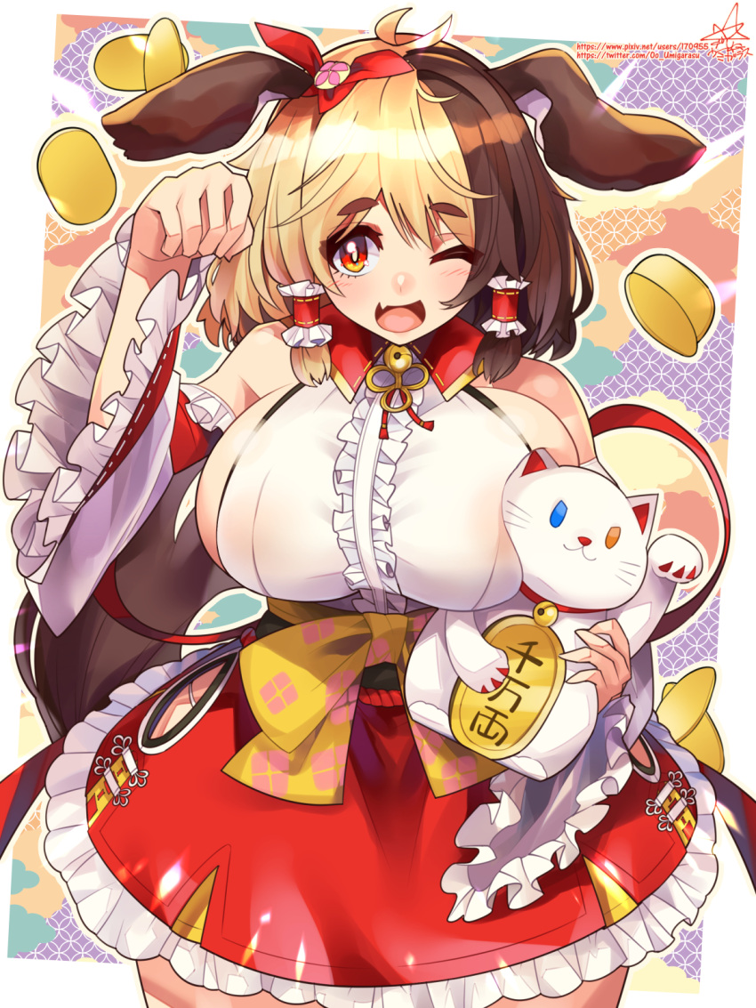 1girl ;d alternate_costume bangs bell breasts center_frills coin dog_girl fang frilled_skirt frills hachiko_of_castling highres huge_breasts japanese_clothes last_origin looking_at_viewer maneki-neko miko neck_bell one_eye_closed open_mouth paw_pose red_eyes red_skirt ribbon-trimmed_sleeves ribbon_trim sideboob skin_fang skirt smile solo umigarasu_(kitsune1963)