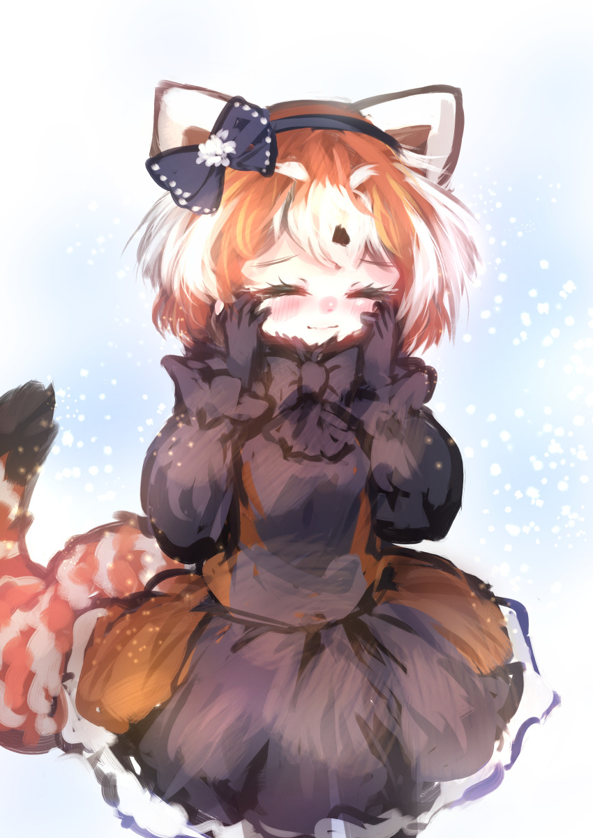 absurdres adapted_costume black_bow black_bowtie black_dress blush bow bowtie closed_eyes dress frilled_dress frills hair_between_eyes hair_bow highres kemono_friends lesser_panda_(kemono_friends) maki_gamin multicolored_hair orange_dress pleated_dress red_hair red_panda_ears red_panda_girl red_panda_tail short_hair smile two-tone_dress white_hair