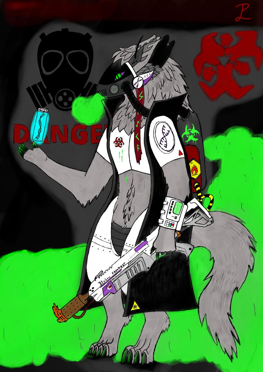 absurd_res anthro armor bio(protogen) biped breastplate claws clothing coat crotchplate dna flamethrower fur gas gas_mask green_eyes grey_body grey_fur hi_res hunamarts machine male mammal mask neck_tuft protogen ranged_weapon ribbons simple_background solo tail topwear tuft visor weapon