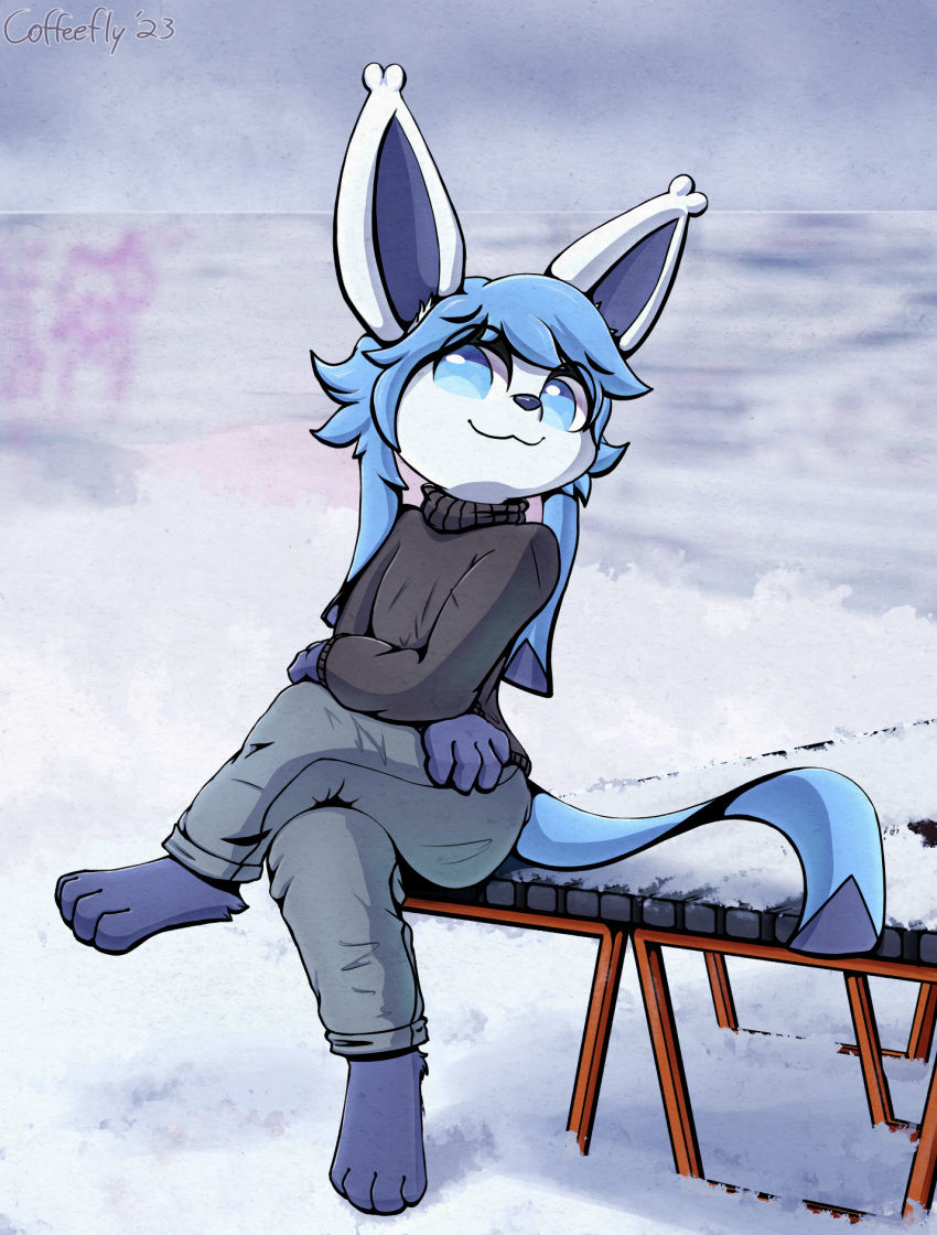 anthro bench blue_eyes bottomwear clothing coffeefly eeveelution generation_4_pokemon glaceon hi_res jacket male nintendo pants pokemon pokemon_(species) sitting snow solo topwear