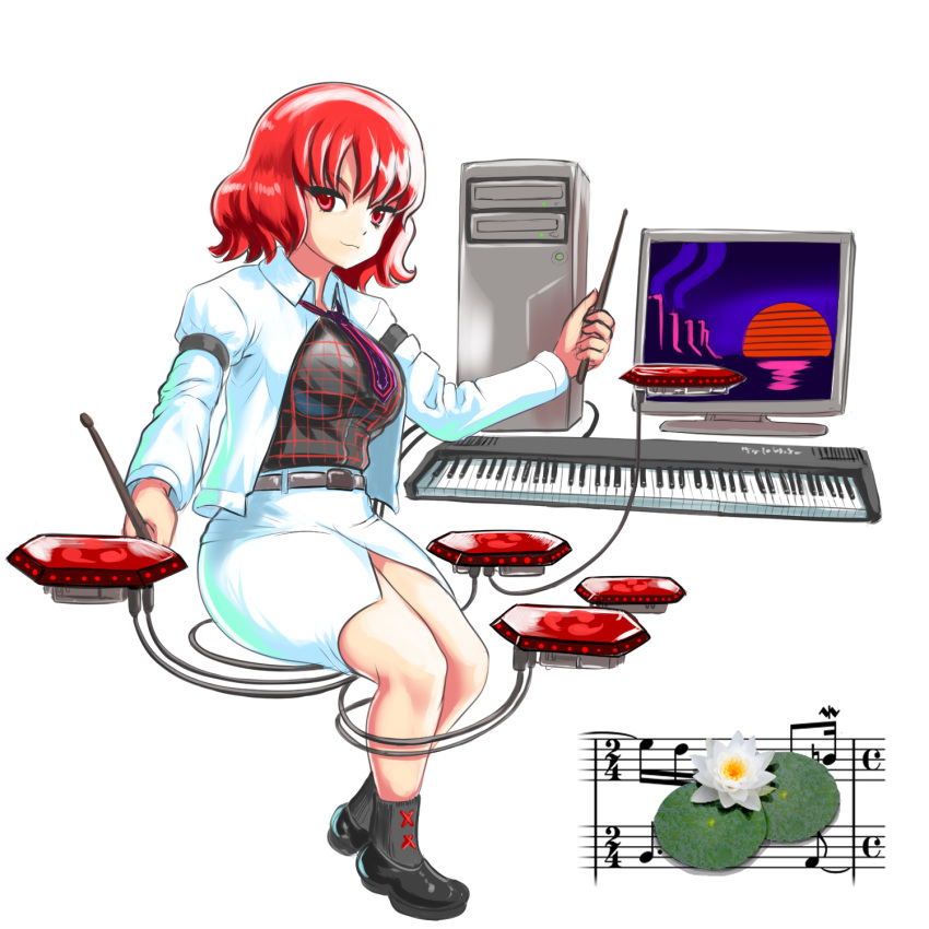 beamed_sixteenth_notes belt black_belt black_footwear black_socks breasts closed_mouth commentary computer computer_tower drum drumsticks eighth_note english_commentary flower full_body highres holding holding_drumsticks horikawa_raiko instrument jacket juliet_sleeves keyboard_(instrument) lily_pad long_sleeves looking_at_viewer medium_breasts medium_hair monitor musical_note necktie profitshame puffy_sleeves purple_necktie red_eyes red_hair skirt socks staff_(music) touhou white_flower white_jacket white_skirt