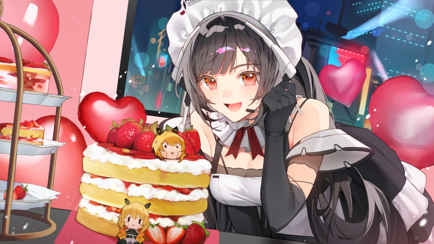 1girl annabella_(tower_of_fantasy) balloon black_gloves black_hair breasts cake cameo elbow_gloves food gloves highres indoors looking_at_viewer maid medium_breasts mi-a_(tower_of_fantasy) night open_mouth red_eyes shotgunman solo strawberry_shortcake tower_of_fantasy tray window