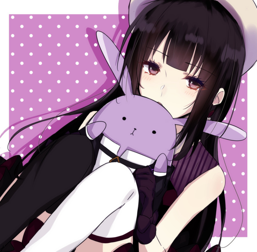 1girl asymmetrical_legwear black_hair black_thighhighs blush brown_eyes hanazono_yuki hat highres long_hair looking_at_viewer mihye mismatched_legwear open_mouth solo stuffed_animal stuffed_bunny stuffed_toy thighhighs tsukino_talent_production tsukiuta white_thighhighs