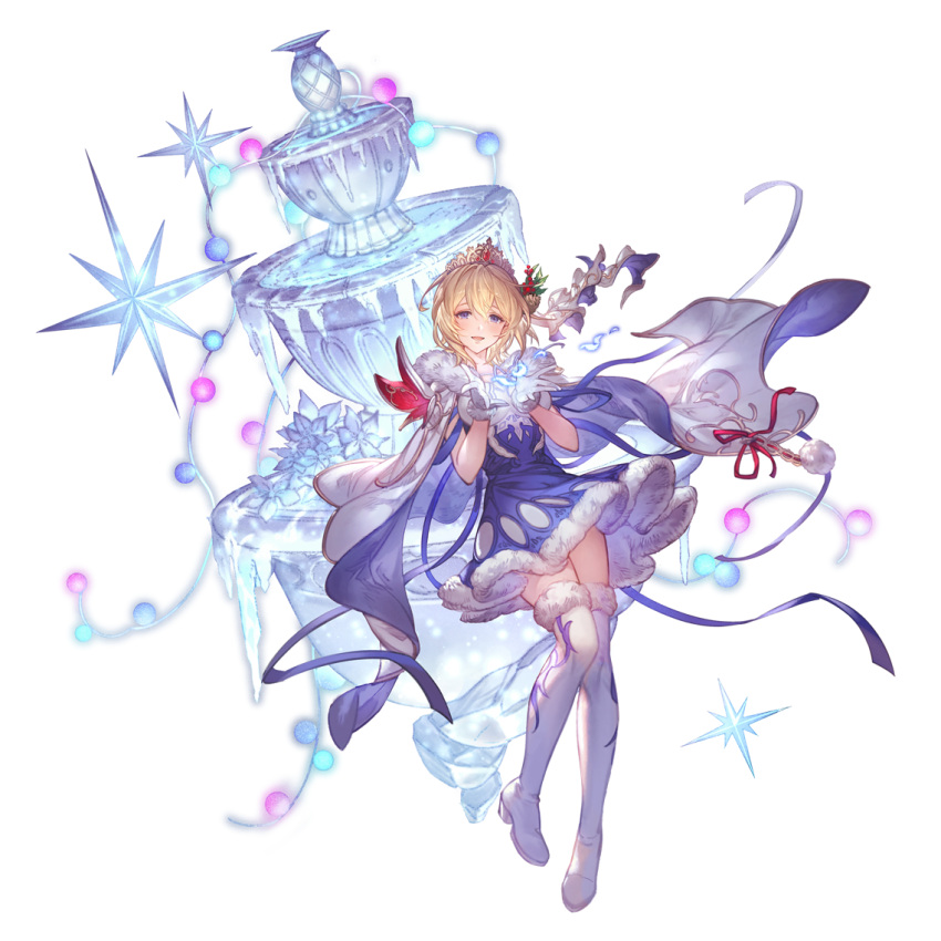 1girl bangs blonde_hair blue_dress blue_eyes boots cape dress europa_(granblue_fantasy) floating full_body fur-trimmed_boots fur-trimmed_cape fur-trimmed_dress fur-trimmed_gloves fur_trim gloves granblue_fantasy hands_up looking_at_viewer medium_hair minaba_hideo official_alternate_costume official_art open_mouth short_dress simple_background solo thigh_boots transparent_background white_cape white_footwear white_gloves