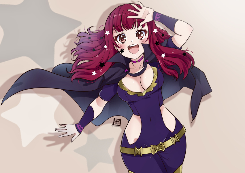 1girl absurdres bangs belt black_cape blush breasts cape choker cleavage clothing_cutout commentary_request dress drop_shadow fire_emblem fire_emblem_engage gradient_background hair_ornament hand_up highres long_hair looking_at_viewer medium_breasts open_mouth pink_choker red_eyes red_hair short_sleeves signature simple_background solo standing star_(symbol) star_hair_ornament star_tattoo tattoo yunaka_(fire_emblem) zero-theme