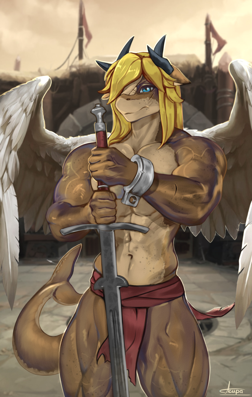 2023 acupa anthro blonde_hair blue_eyes bottomwear clothing cuff_(restraint) fish hair hi_res horn loincloth long_hair male marine melee_weapon muscular muscular_anthro muscular_male paladin restraints s sanguine_paladin shackles shark shark_tail simple_background solo sword weapon white_wings wings